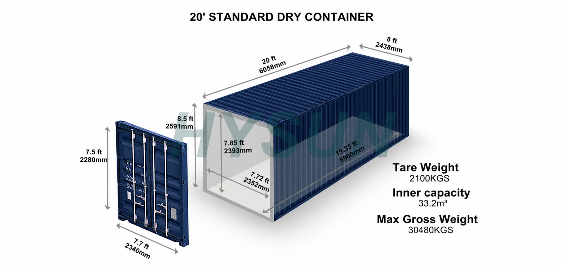 20ft GP blue standard dry container dimensions